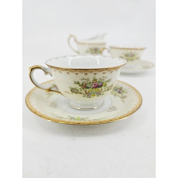 Meito Jewel Floral & Gold Pattern Set Of 2 Cups & Saucers & Creamer Japan - Picture 2 of 16